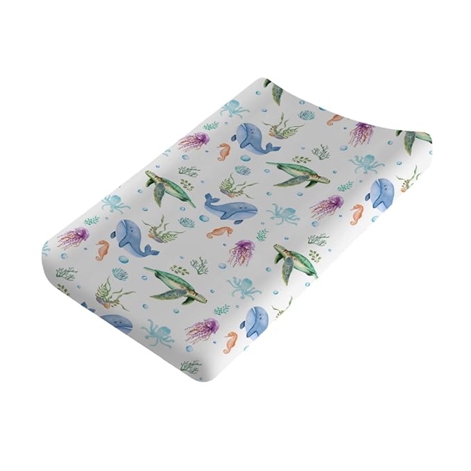 Colorful Sea Animals Changing Pad Cover Turtle Whale Jellyfish Sea Horse Weeds Sealife Diaper Change Table Sheets for Boys Girls Soft Stretch Changing Pad Mats Covers 32''x16''