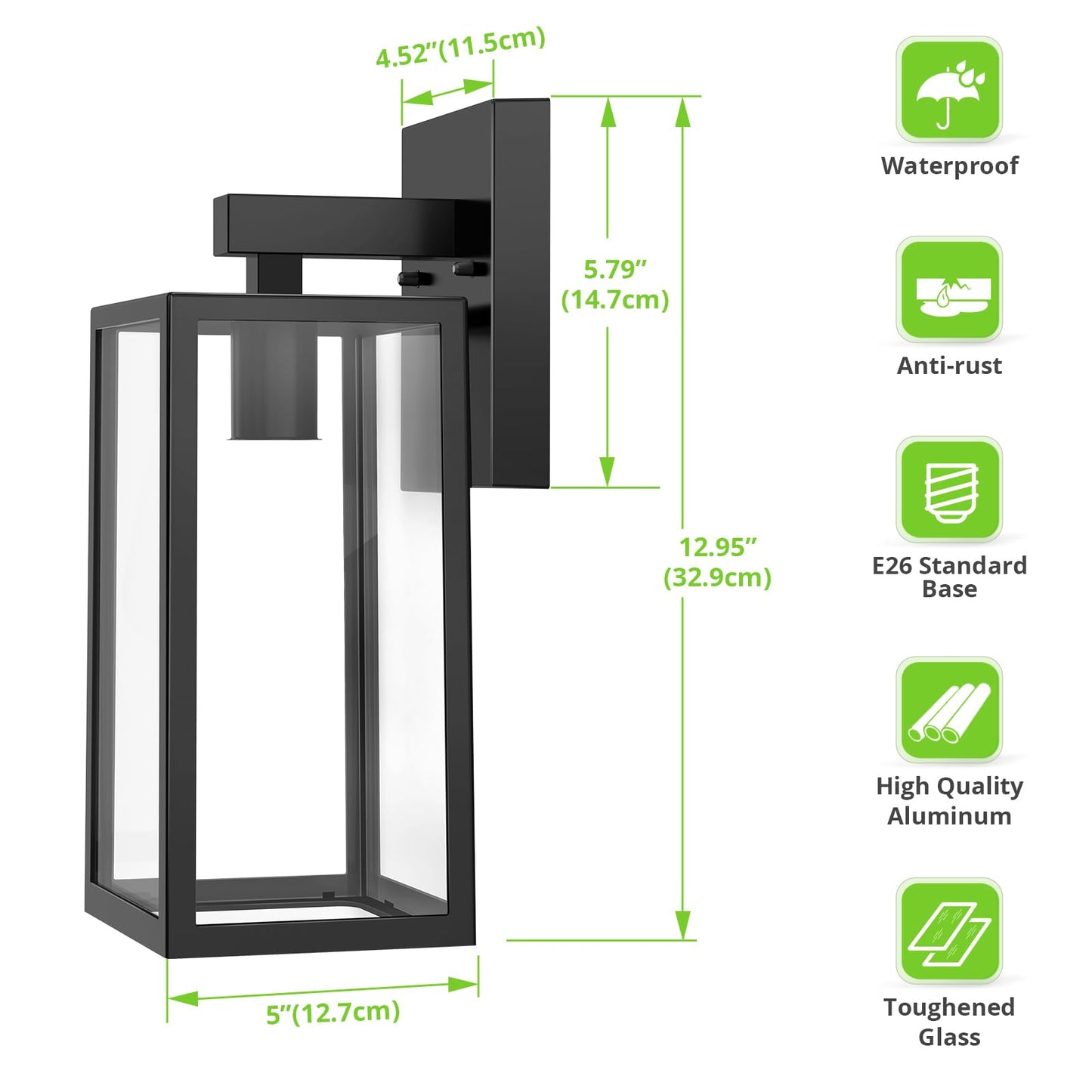 Maxvolador Outdoor Wall Sconce - Waterproof Black Lantern Light Fixture, Toughened Glass, Anti-Rust, Model 2032T, 2 Pack