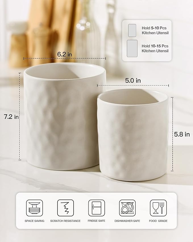 famiware Ocean Utensil Holder, 7.2"+5.8" Ceramic Kitchen Utensil Holder for Countertop, Cooking Utensil Crocks, Utensil Organizer for Spatula & Spoon, Kitchen Decor, Set of 2, Matte White