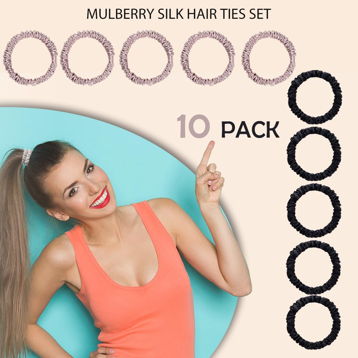 22 Momme 100% Pure Mulberry Silk Scrunchies (10 PCS) - Small Hair Elastics and Ties for Women Sleep, Hair Care No Damage, Black*