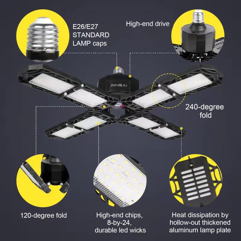 PINSAI LED Garage Light, 200W 20000 Lumen, E26/E27 Ceiling Lamp with 8 Adjustable Panels, Black, Model 150W