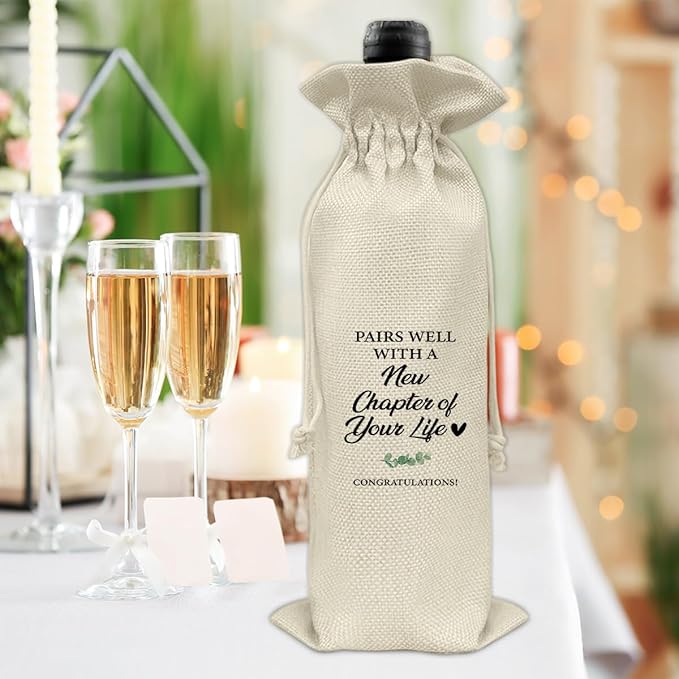 HOIJAUMAI New Chapter Wine Bag, New Job Gift for Women Men, Going Away Gifts for Coworker Colleague Friends, Pairs Well with a New Chapter of Your Life Burlap Drawstring Wine Bag