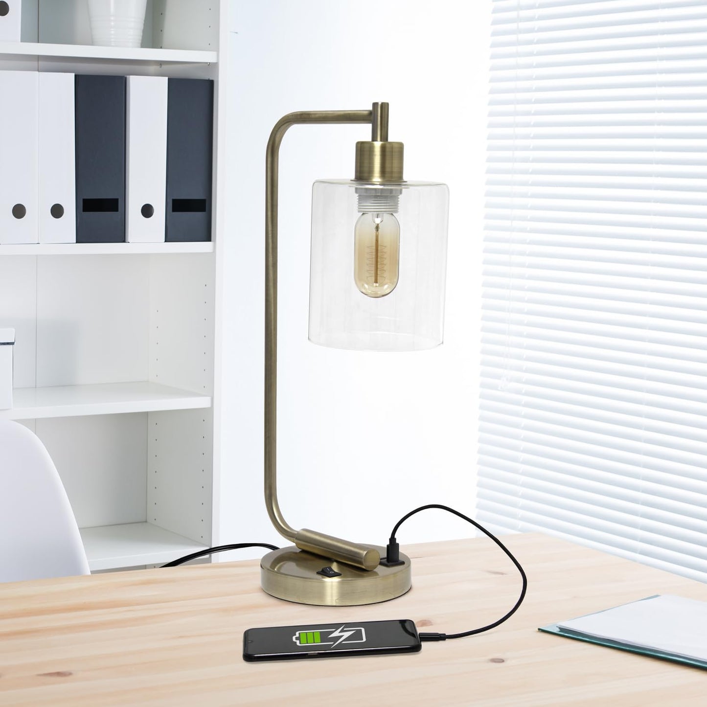 Simple Designs Bronson Industrial Iron Lantern Desk Lamp with USB Ports, Black, Model LD1066-BLK