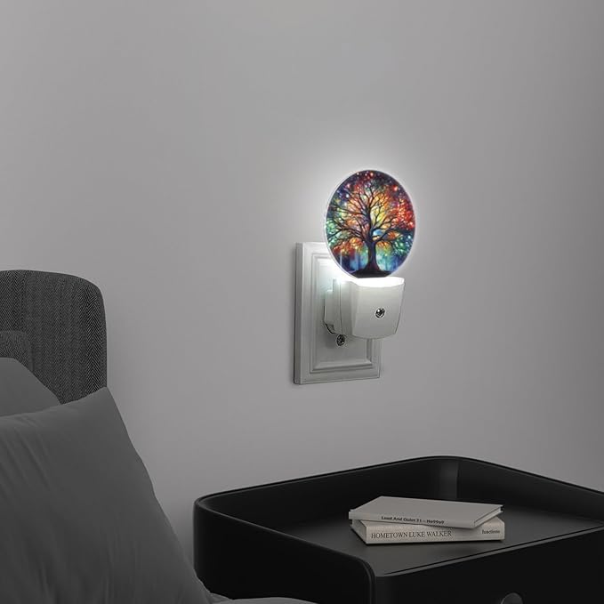 Round LED Night Lights Lamp with Dusk to Dawn Sensor, Vibrant Tree of Life with Branches Night Light Plug Into Wall for Kids Room, Bedroom, Bathroom, Kitchen, Hallway