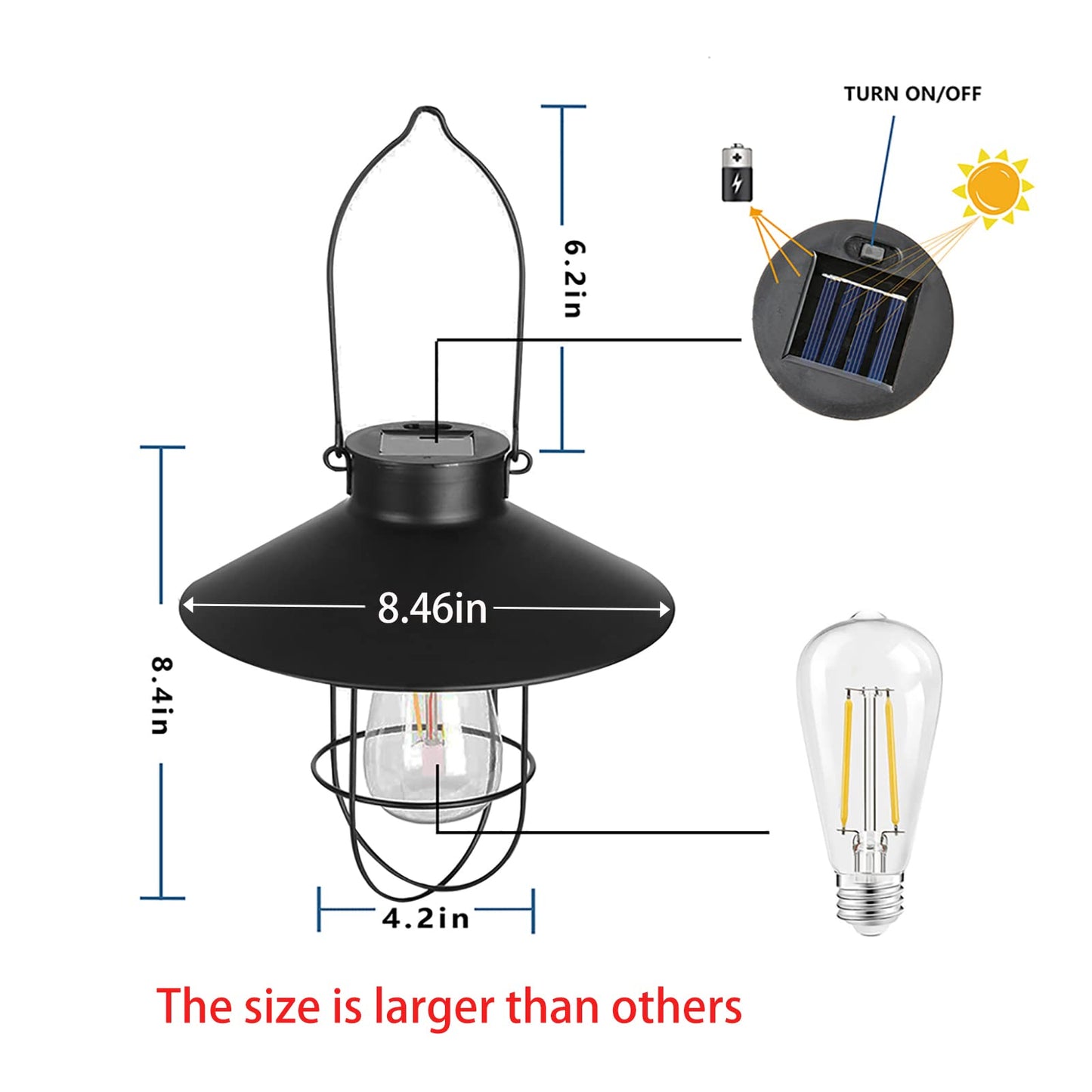 pearlstar Solar Lantern Outdoor Light, Metal, Warm White Edison Bulb, Black, Model 049