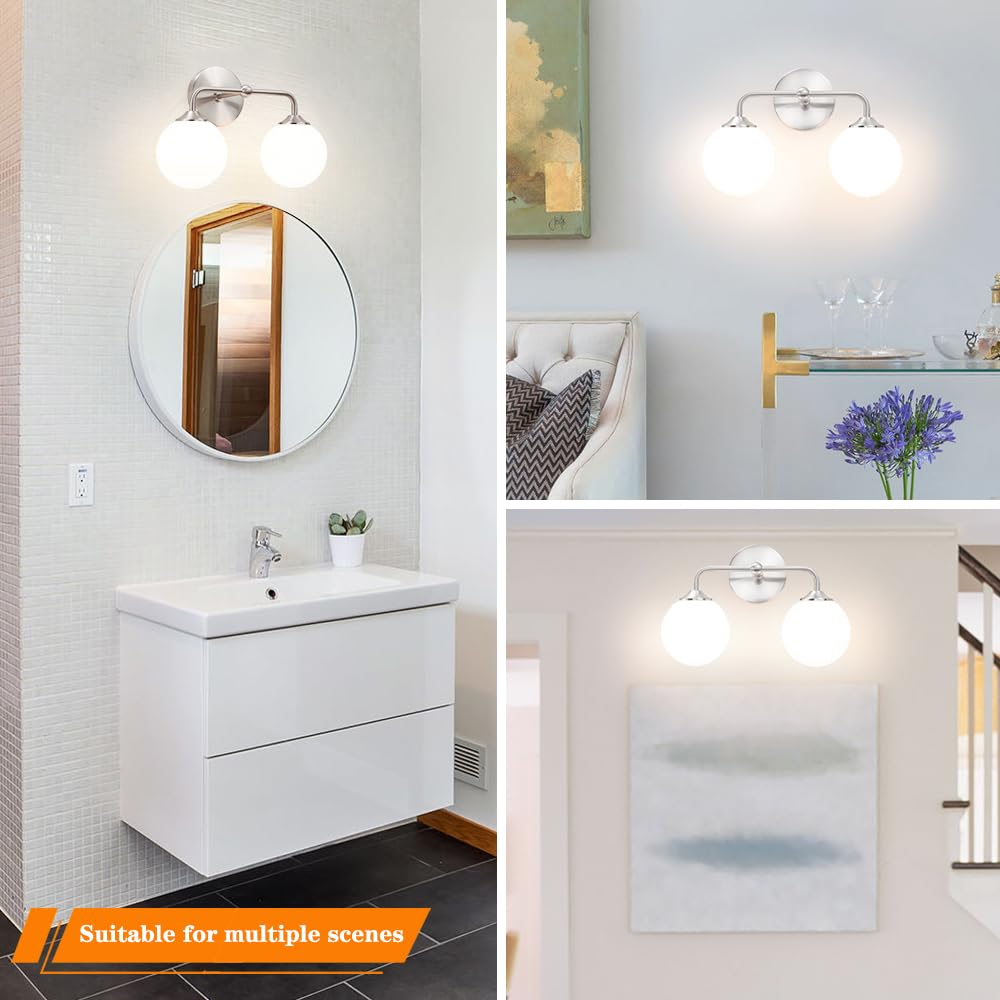 Modern Brushed Nickel 2-Lights Bathroom Vanity Lights, Bathroom Lighting Fixtures Over Mirror with Milk White Globe Glass Shade, Elagant Wall Sconces for Dressing Table Bedroom Living Room