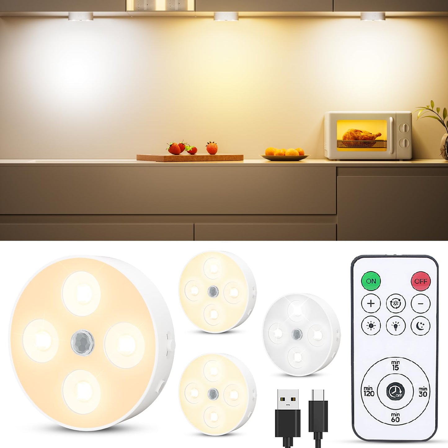 Under Cabinet Lighting  1500Mah Rechargeable Motion Sensor Puck Lights With Remote  3 Color Temper  Magnetic Stick On Light  Dimmable Under Counter Lights For Kitchen  Shelf  Closet  Stair  4 Pack