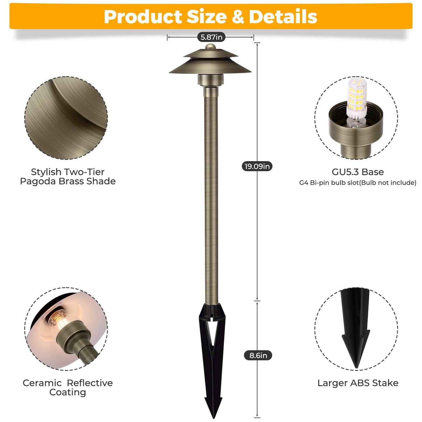 Gardencoin Solid Brass Low Voltage Landscape Pathway Lights (6 Shade  19 Tall)  12V Led Heavy Duty Path Lighting Outdoor Wired  Waterproof Antique Bronze Walkway Light Without G4 Bulb 6 Pack