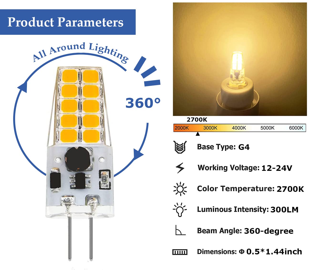 Dimmable G4 Led Bulb 12V 24V Jc Tybe  20-30W T3 G4 Halogen Equivalent 2700K Warm White  G4 Bi-Pin Base  300Lm  Chandelier Lighting/Landscape Lighting/Microwave Lighting 10Pcs