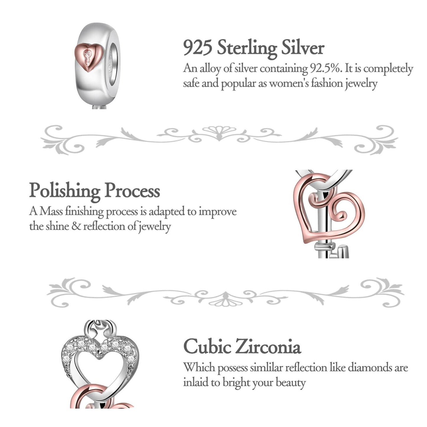 dazlily Love Heart Key Charm 925 Sterling Silver Charm for Bracelet Necklace fit Mother's Day Gift