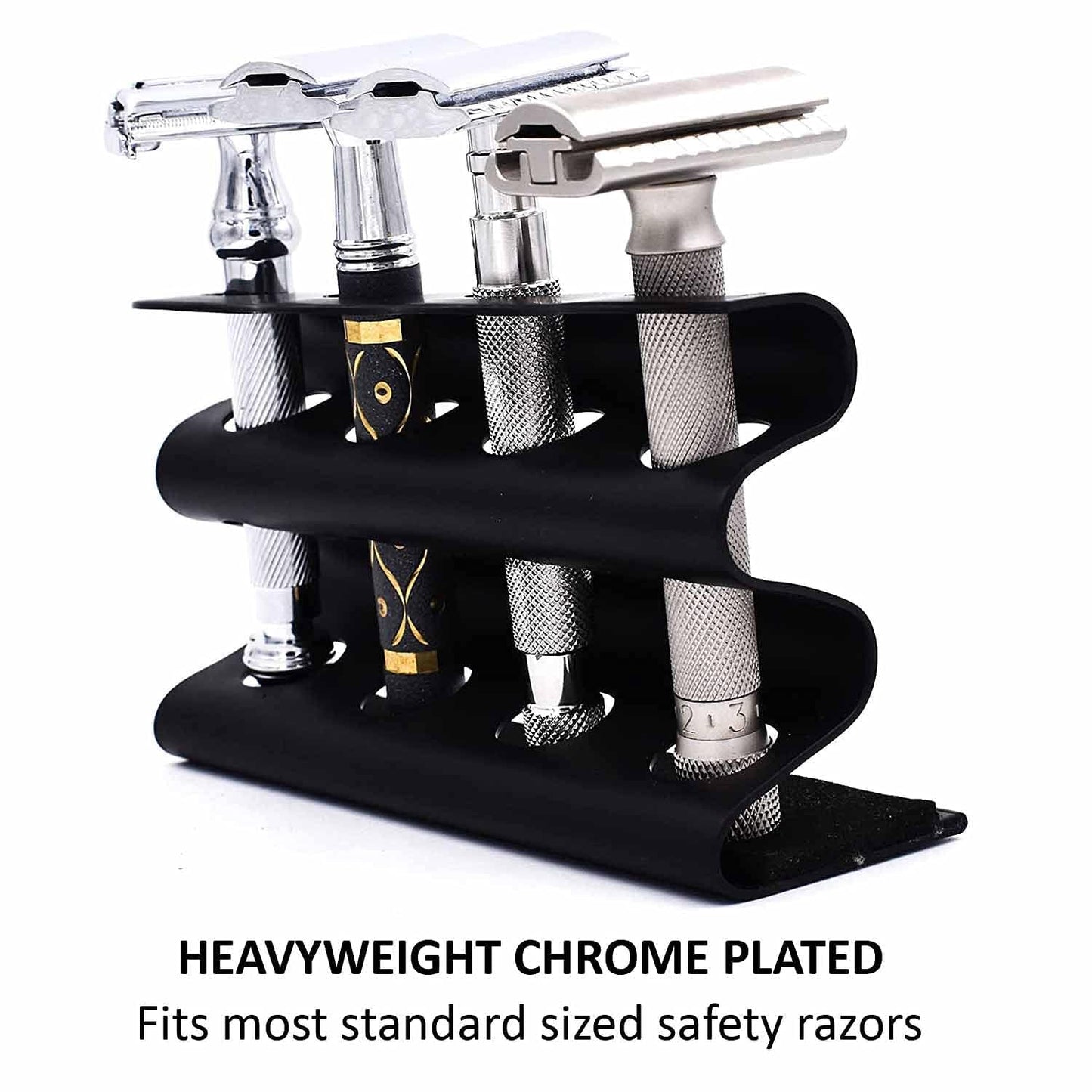 Parker Double Edge Razor Stand - Solid Brass with Black Finish -Holds 4 Razors - Parker Stand with Padded Base - Excellent Stora