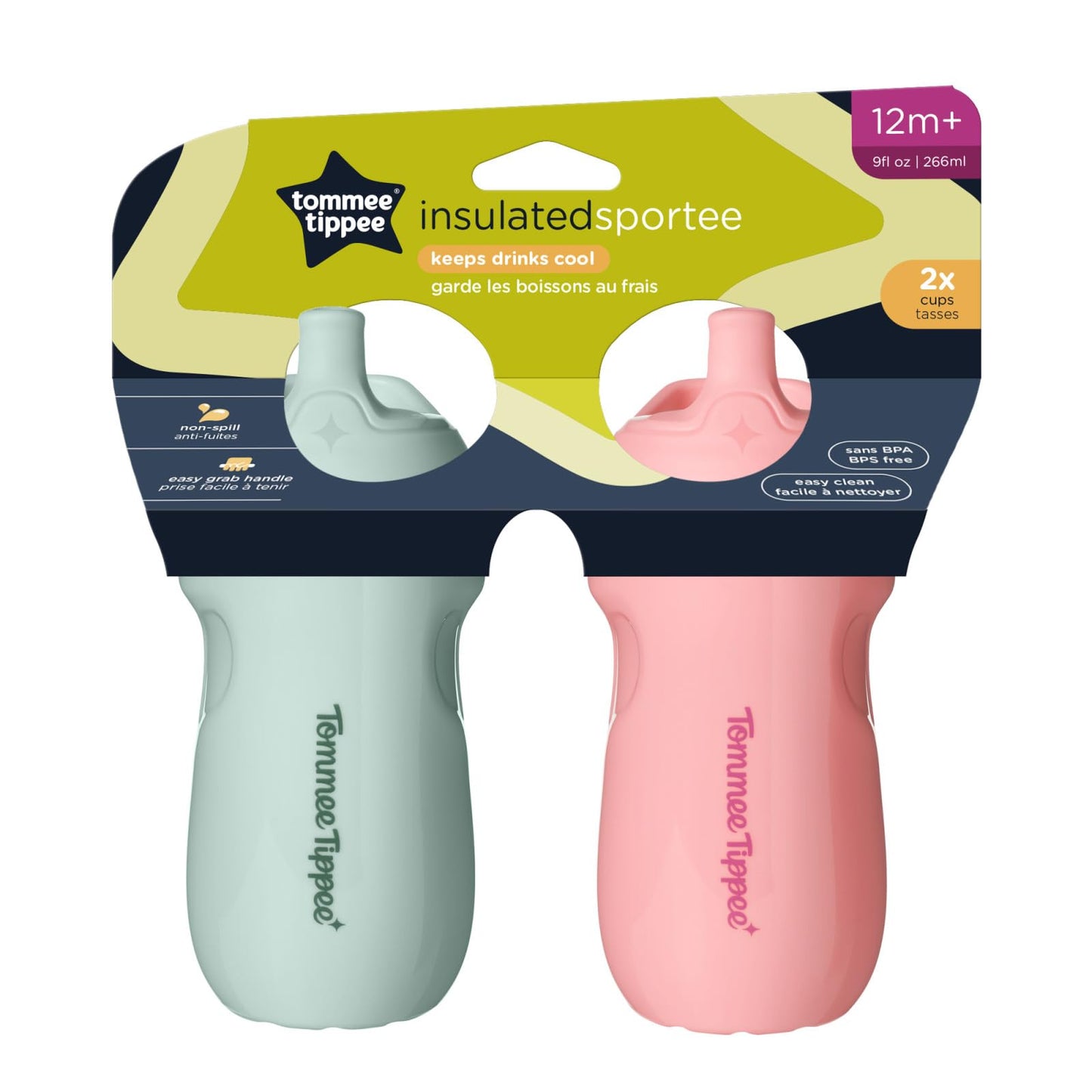 Tommee Tippee Insulated 9oz Sporty Spout Toddler Water Bottle, No Spill Sippy Cups for Toddlers 1-3, Two-Piece Valve Helps Stop Spills, BPA Free, Pink and Mint, Pack of 2