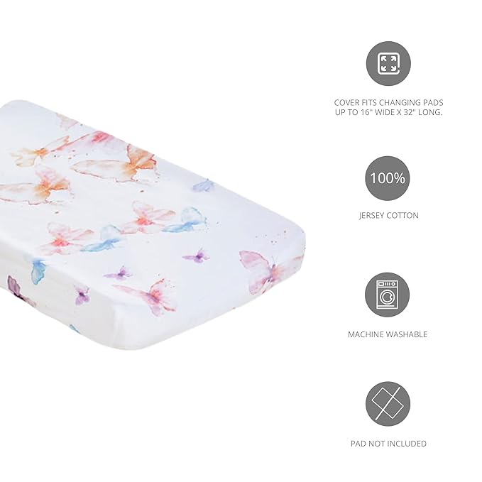 Oilo Changing Pad Cover, Breathable 100% Turkish Cotton Fitted Jersey, 300 Thread Count, Machine Washable, Fits Standard Changing Pads (32" x 16"), Girl, Boy, & Neutral Nursery Design, Butterfly