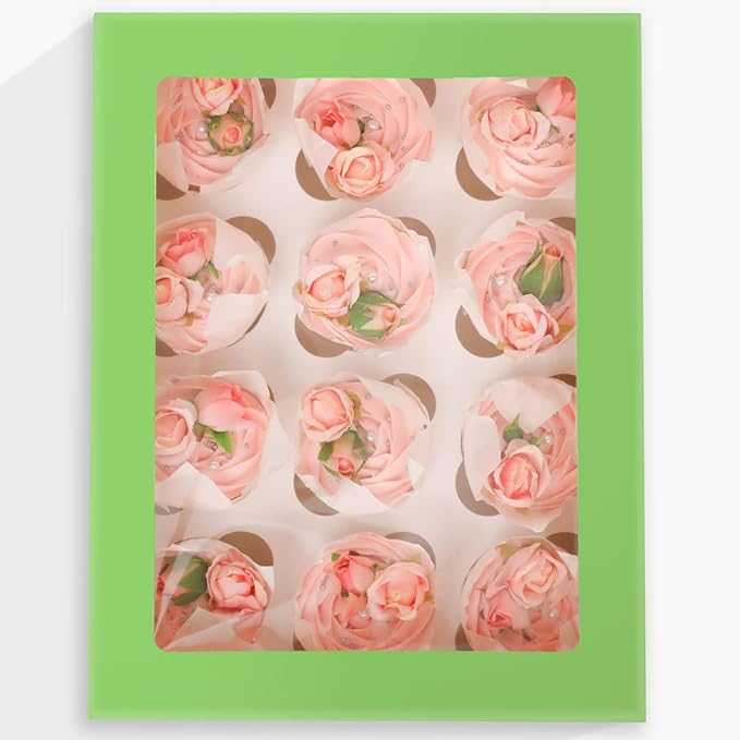 Bakepacker 12 Cupcake Containers 10-Packs Avocado Cupcake Box Cupcakes Carrier, 12 Cupcake Boxes with Window 13"x10"x3.5"（Auto-pop up）