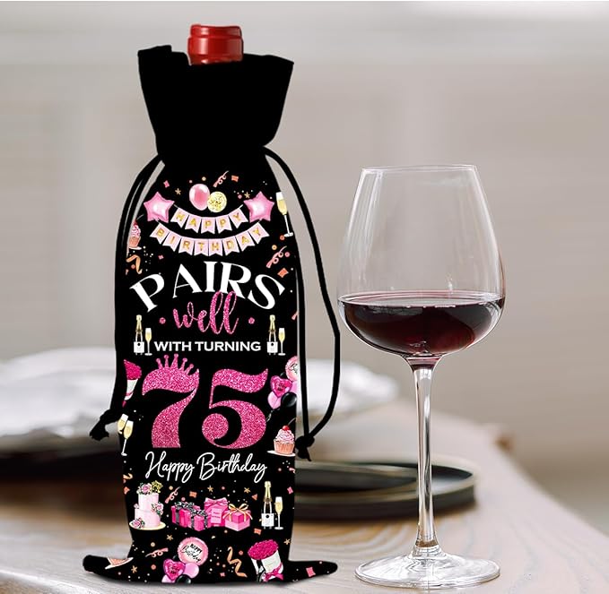 75th Birthday Gifts for Women Men Wine Bag, Birthday Gifts for 75 Year Old Man, Happy 75th Birthday Party Decorations Women for Men, Pairs Well with Turning 75 Wine Bags (Black Pink)