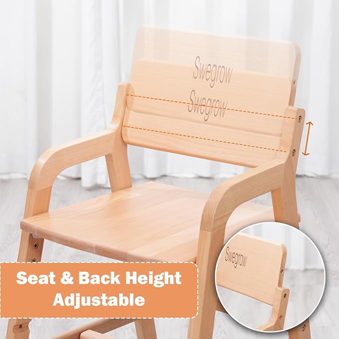 Swegrow Wooden High Chair with 2 Wheels, Adjustable Seat - Backrest - Footrest Heights, Wooden High Chair for Toddlers - Kids and Baby, Kids Dining Chair with Removable Cushion(Beige)