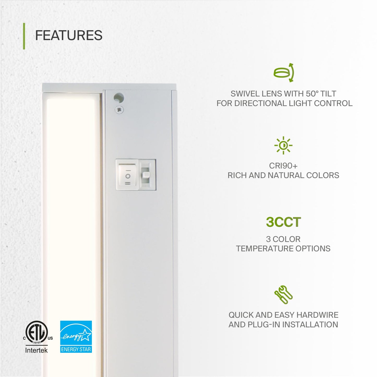 Asd Swivel Led Under Cabinet Lighting  24 Inch 12W  Hardwired Or Plug-In  2700K/3000K/4000K  Hi/Low Switch  Rotatable Lens  Dimmable Linkable Under Counter Light For Kitchen  Etl & Energy Star