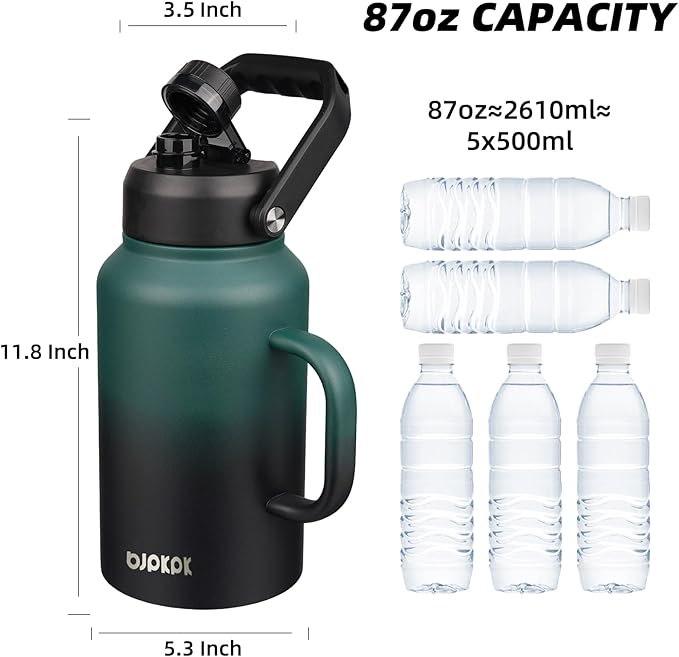 BJPKPK 87oz Insulated Water Bottle with Handle, Large Dishwasher Safe 2/3 Gallon Water Bottle, BPA Free Water Jug, Wide Mouth Metal Flasks with Anti-slip Bottom, Army Green & Black