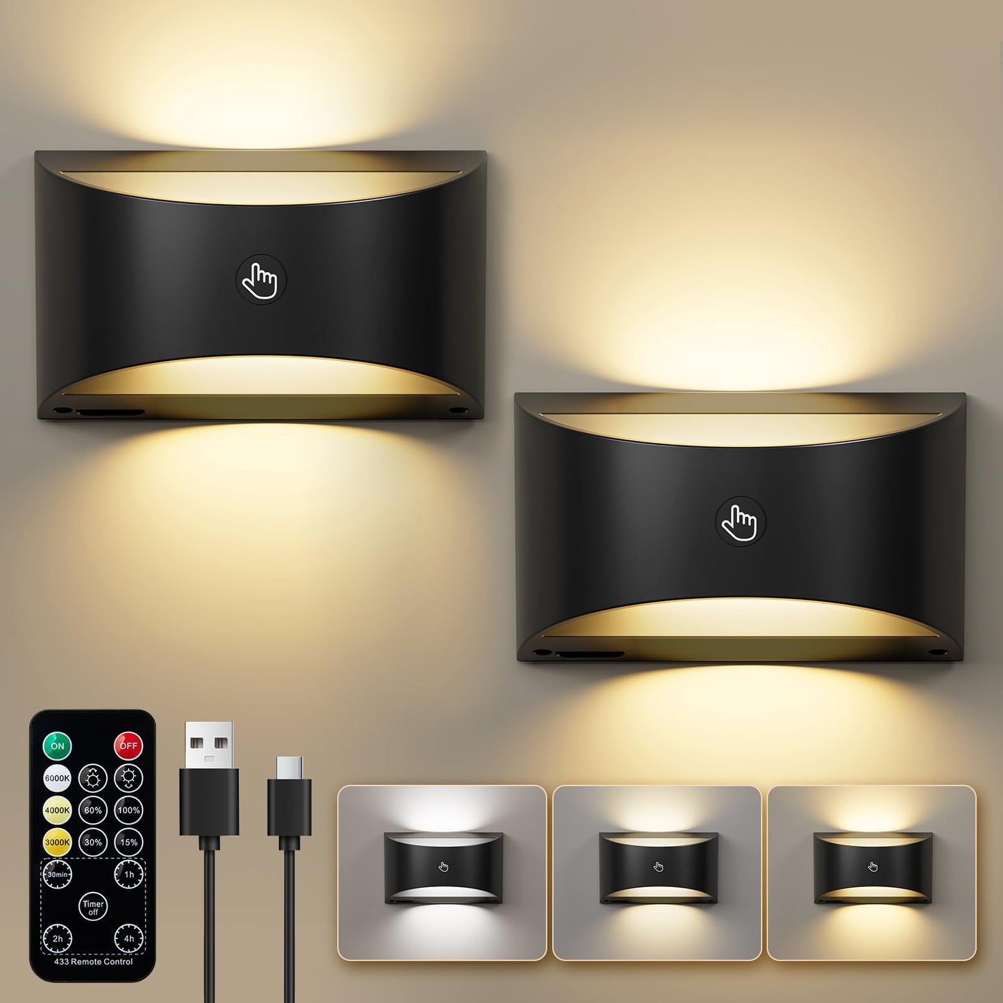 Brightown Magnetic Wall Sconces Set Of Two  Rechargeable Battery Powered Wall Sconce With Remote Control  3 Colors Wireless Up And Down Wall Mount Light For Hallway Bedroom Bedside Living Room (Black)