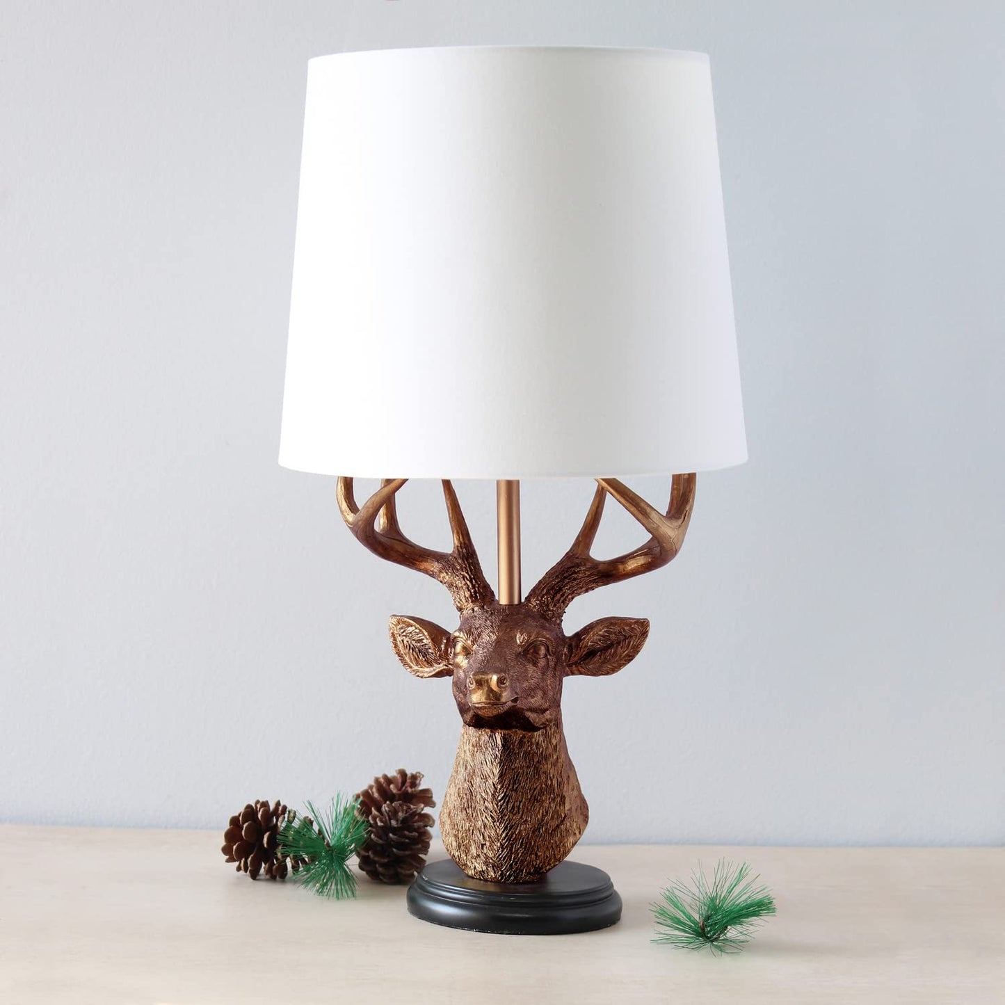 Simple Designs Rustic Antler Desk Lamp, 17.25in Tall, Copper, Model LT1095-CPR, White Fabric Shade, Ideal for Cabin or Living Room Decor