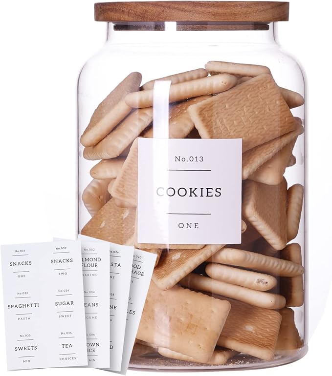 1 Gallon Large Glass Cookie jar with Airtight Acacia lids - Thicken Big Food Storage Containers with 42 Kitchen Waterproof Pantry Labels Preprinted - Clear Glass Canister for Flour, Rice, Coffee