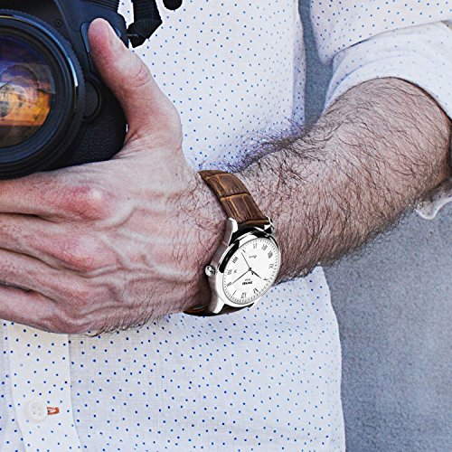 Mens Leather Band Quartz Watch, Men's Analog Business Working Roman Numeral Casual Waterproof Watches with Calendar Date D...