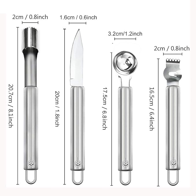 NewlineNY Stainless Steel Kitchen Tools: Zester Grater with Channel Knife, Apple Cupcake Corer, Fruit and Melon Scooper, Fruit & Veggie cutting knife, 4 Pcs Set