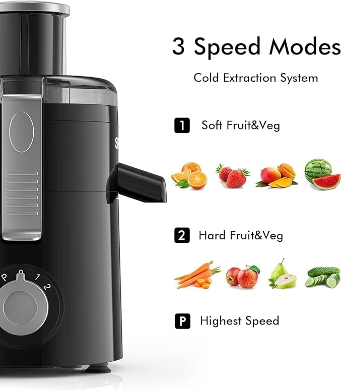 SIFENE Centrifugal Juicer Machine – Electric Juice Extractor for Home Use, Compact & Space-Saving, 2.5” Wide Feed Chute, 3-Speed Setting, Quiet Operation, Easy to Clean, BPA-Free, For Fruits & Vegetab