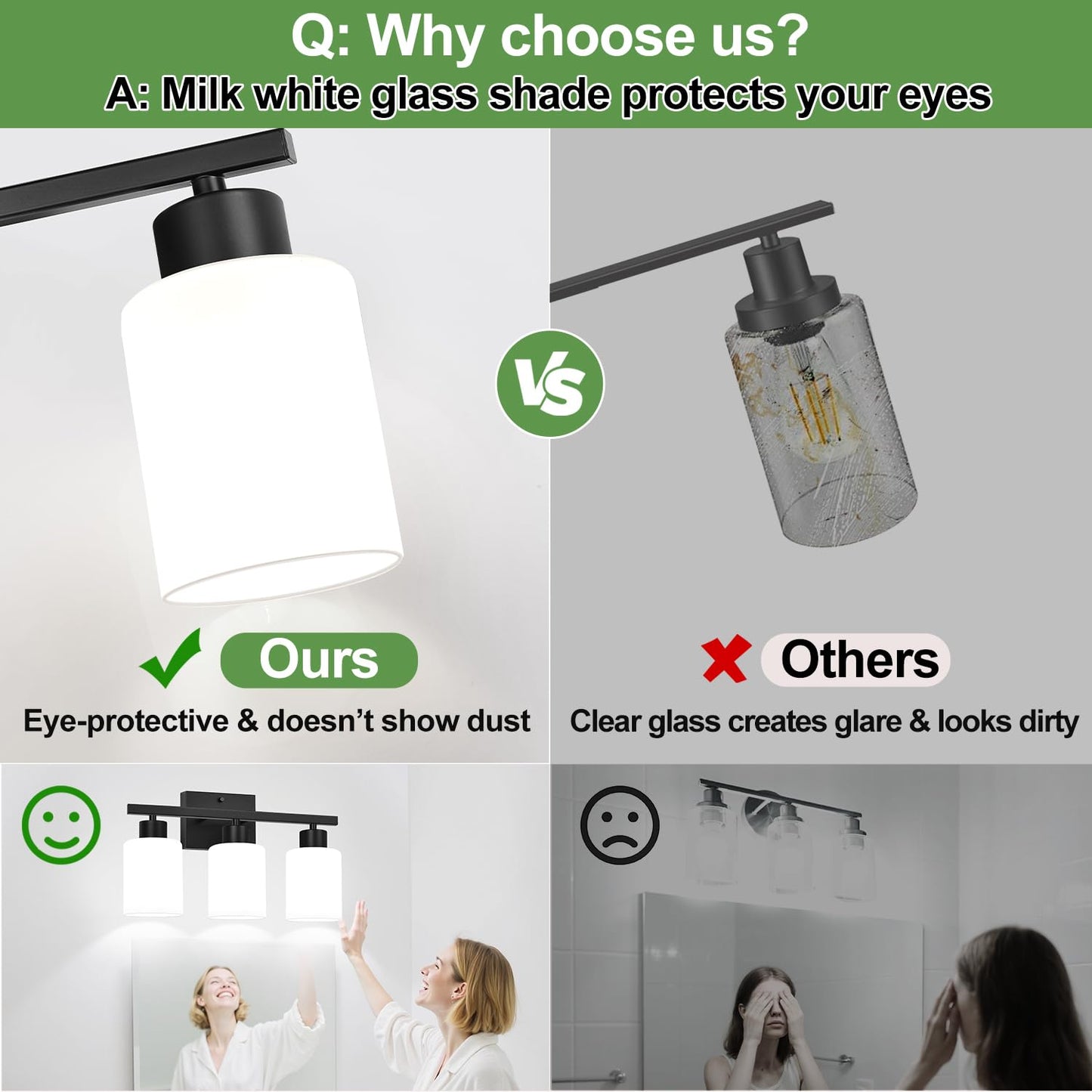 Meybiok 3-Light Bathroom Light Fixtures  Black Vanity Lighting Fixtures With Milky White Frosted Glass Shades  Bathroom Wall Lamp With E26 Socket  For Mirror  Living Room  Bedroom