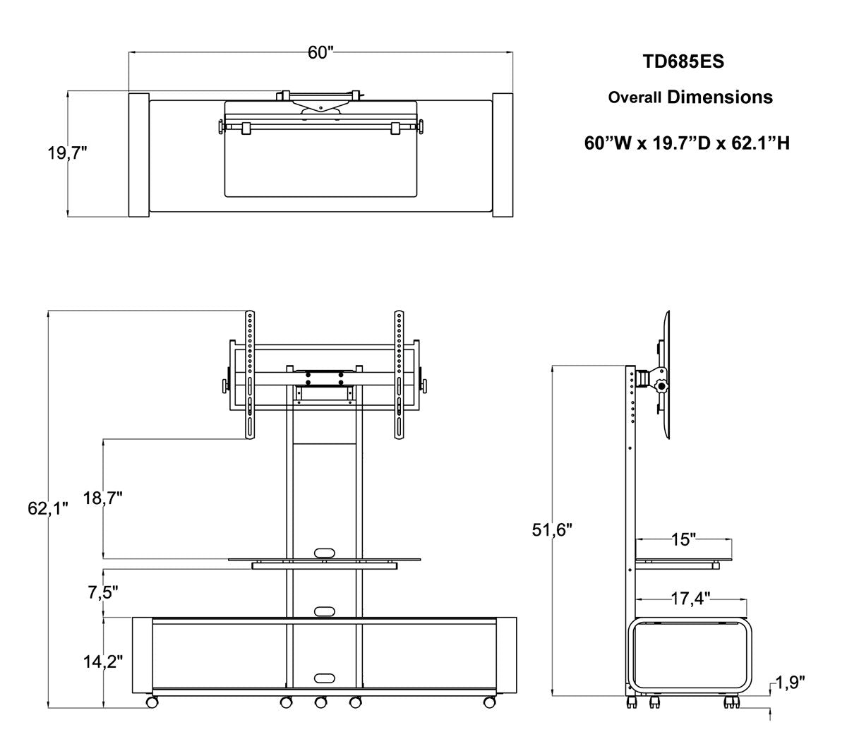 Transdeco Td685Es Tv Stand With Mount & Wheel For 35-85 Inch Tv, Espresso/Black