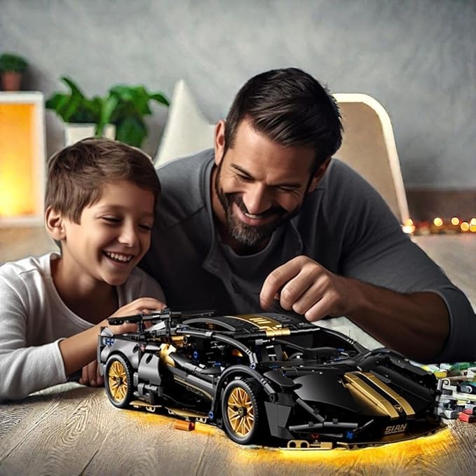 Sport Race Car Building Block Sets for Adults Boys,Black Technical Racing Supercar Toys Kits with LED Light Collectible 1:14 MOC Model Construction Birthday Gifts for Teens Age 8-12 12-16,14+