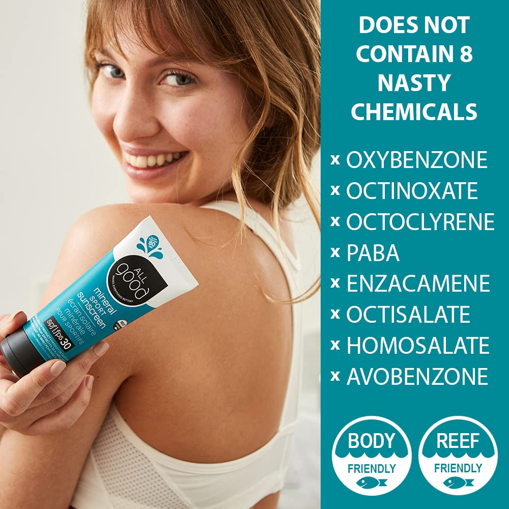 All Good Sport Mineral Sunscreen Lotion - Coral Reef Friendly, Water & Sweat Resistant, Face & Body, UVA/UVB Broad Spectrum SPF