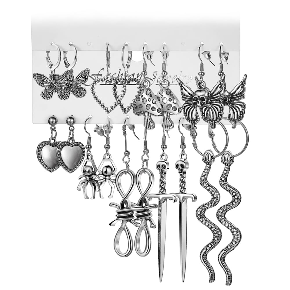 Halloween Gothic Earrings Set, Metal Punk Goth Vintage Silver Snake Spider Butterfly Dagger Dangle Drop Earrings for Women, Grunge Y2K Emo Jewelry Pack Party Costume Accessories (Style1)
