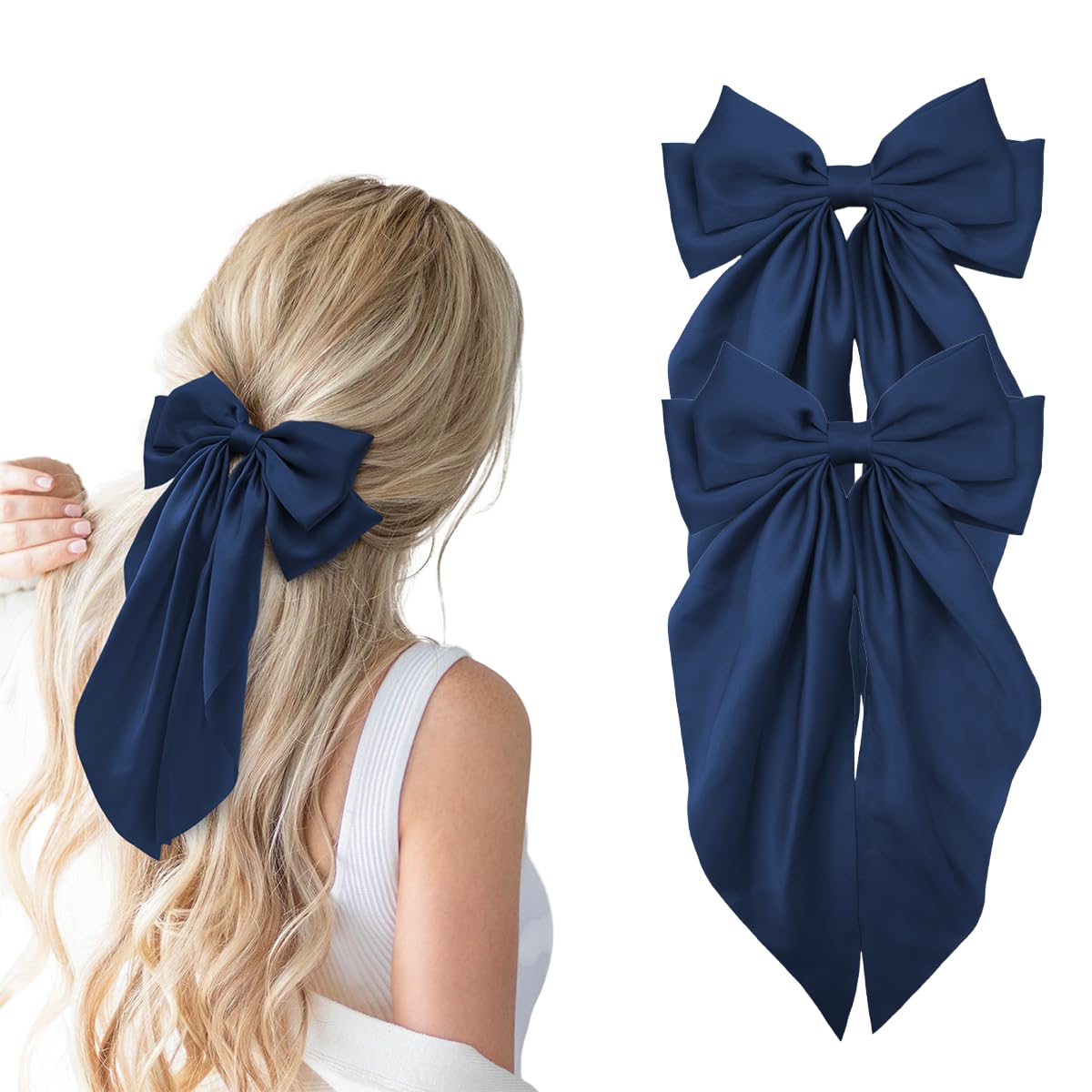 Hair Bows for Women, 2Pcs Navy Blue Bow Hair Clips for Girls, Silky Satin Hair Bows Clips Long Tail, Large Hair Barrettes Cute A
