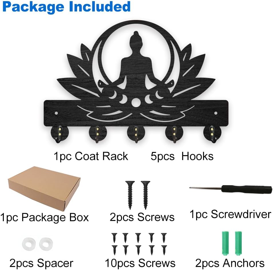 MAYJOYDIY Wooden Lotus Meditation Key Hook Zen Lotus Wall Mounted Coat Rack 11.8 x 7.8 inches Black Art Buddhist Buddha Key Hanger with 5 Alloy Hooks for Bedroom Kitchen Entryway Office