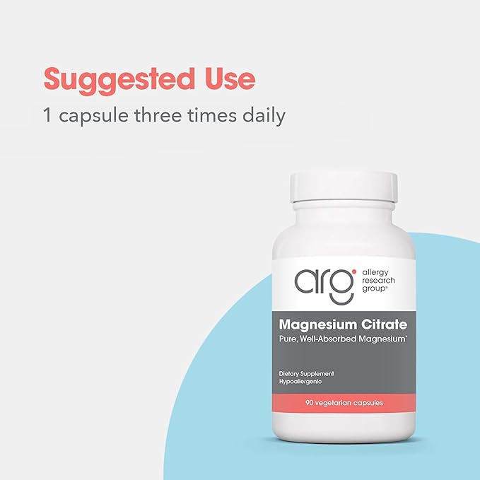 Allergy Research Group Magnesium Citrate Dietary Supplement - Bone & Stress Support, Well-Absorbed, Hypoallergenic, Vegetarian Capsules - 90 Count