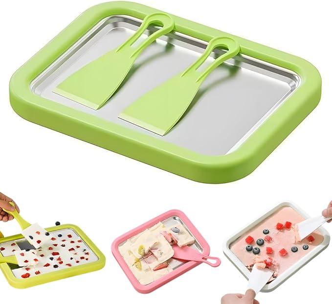Rolled Ice Cream Maker Kit, 2026 New At-Home Stainless Steel Instant Freeze Plate with 2 Scrapers, DIY Rolled Ice Cream Tray, Perfect for Family Fun, Easy Homemade Desserts (Green)