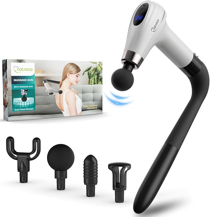 cotsoco Massage Gun with Upgraded Extension Handle, Percussion Deep Tissue Back Massager with 4 Massage Heads & 6 Speed Le...