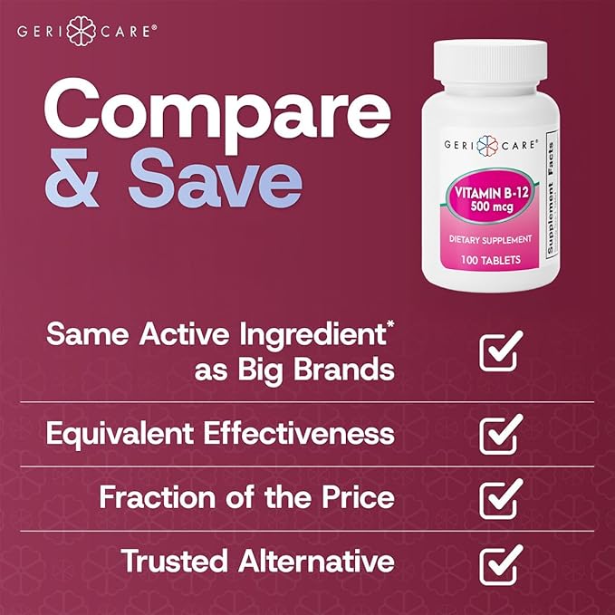 GeriCare Vitamin B-12 500mcg Tablets – Supports Healthy Energy Levels, Brain Function & Circulatory Health – Trusted Supplement for Daily Wellness – 100 Count