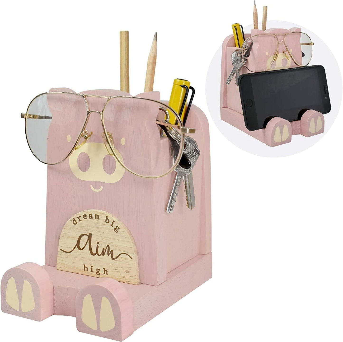 Wood Multipurpose Eyeglass Phone Pen & Pig Pencil Holder Stand Stationery Desk Box Organizer Accessories Decor, Home Office Desktop Decoration Birthday Graduation Gifts “Dream Big Aim High” (Piggy)