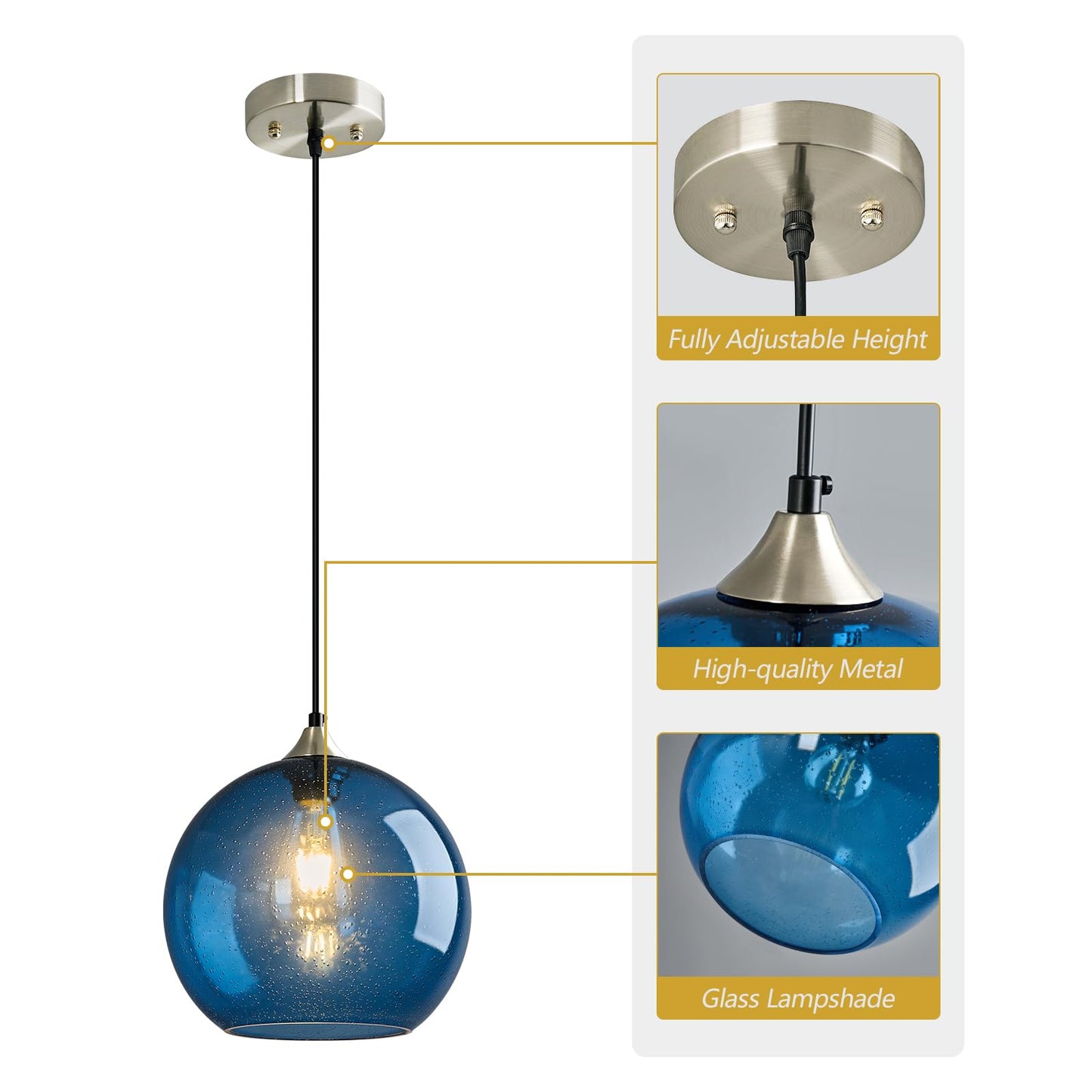 Lbsqj Blue Glass Pendant Lights Kitchen Island Lighting Globe Pendant Light Fixtures Modern Pendant Lighting For Kitchen Island Bedroom Living Dining Room Light Fixture(9.84In  3-Pack)