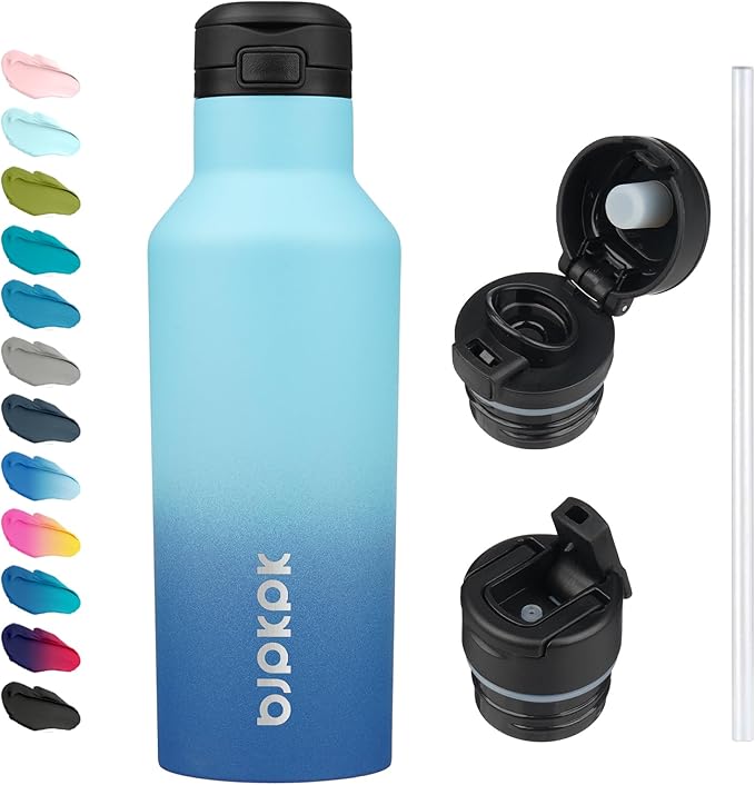 BJPKPK Insulated Water Bottle With Straw 17oz Stainless Steel Water Bottles With 2 Lids And Carry Handle Reusable Travel Metal Thermal Flask,Sky