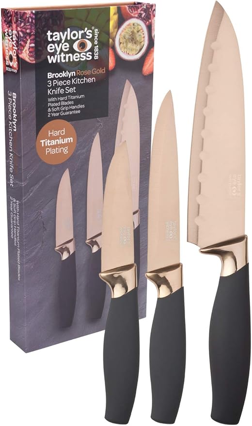 3pc Kitchen Knife Gift Set - Brooklyn by Taylors Eye Witness. Rose Gold Colored Bolsters, Matching Finely Ground Razor Sharp Titanium Coated Blades. Soft Grip Handles. 2yr Peace of Mind