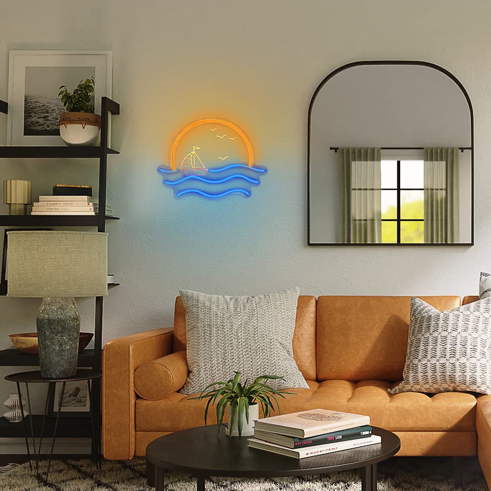 Sunset Neon Sign For Bedroom  Sunrise & Sunset At Sea Neon Light Sign For Wall Decor  5V Sailboat Neon Sign For Living Room Bar Office  Housewarming Gift  17X13 In By Jxin