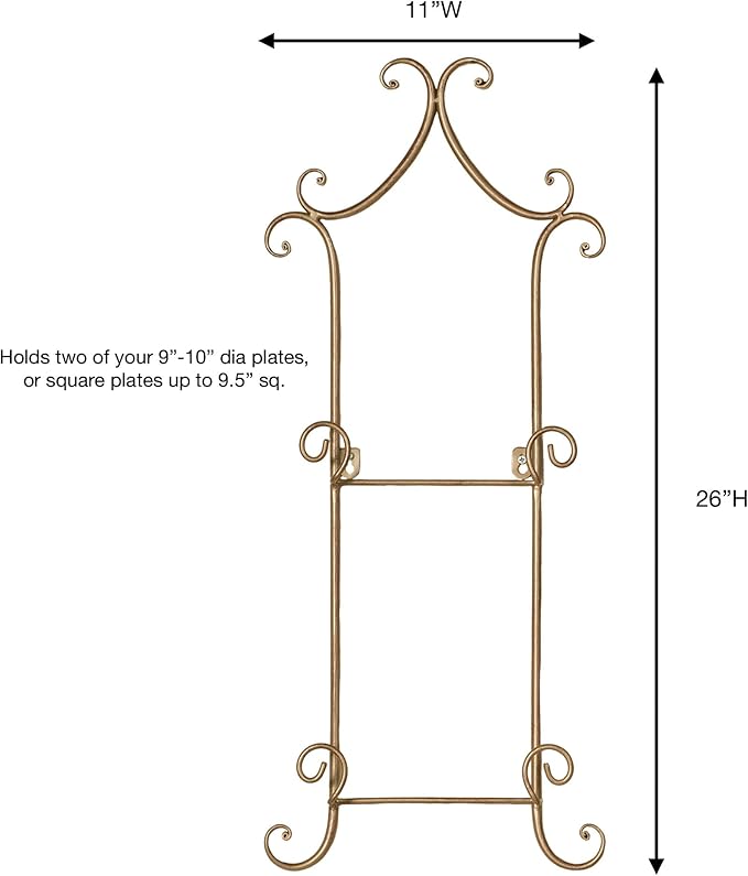 Touch of Class Regalla Scroll - Vertical Hanging Plate Rack - For 9-10" dia. Plates - Satin Gold Finish - 26 in. tall Two-Plate Rack