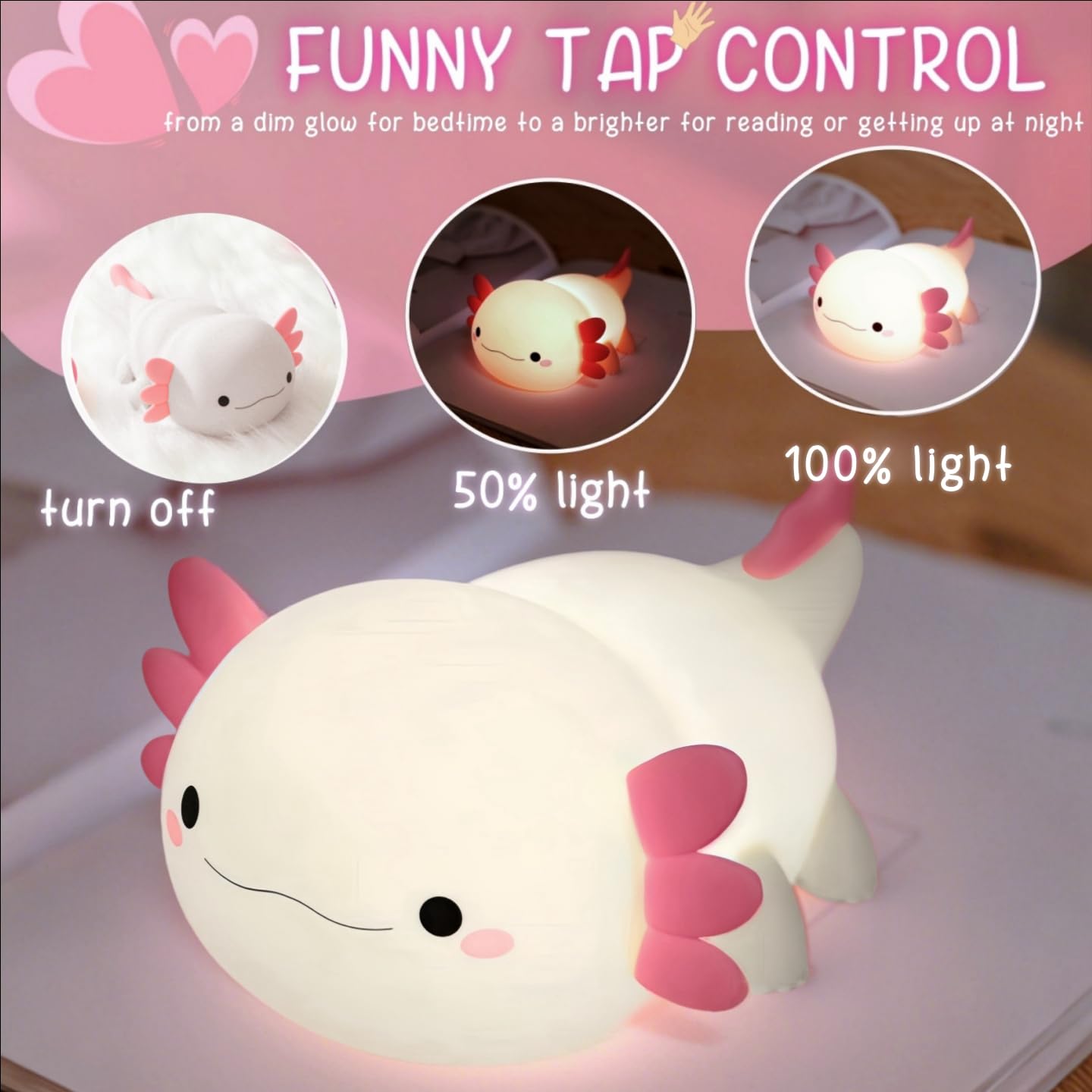 Yr Yrhh-Pet Axolotl Night Light For Kids  Cute Squishy Rechargeable Axolotls Lamp  Unique White Pink Xmas Axolotl Gifts  Dimmable Led Silicone Nightlight  Baby Safe  Girls Room College Dorm D?Cor