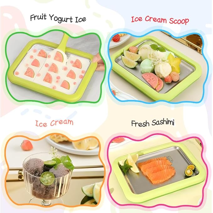 Rolled Ice Cream Maker Kit, At-Home Stainless Steel Instant Freeze Plate with 2 Scrapers, DIY Rolled Ice Cream Tray, Easy Homemade Desserts (Green)
