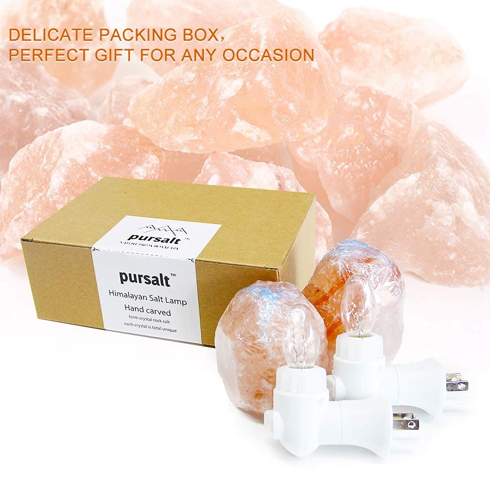 Pursalt Himalayan Salt Lamp Night Light, 2 Pack Natural, Pink Crystal Rock, 360° Rotatable Wall Plug, Model Psuswlb1P12P-N, Extra Bulbs Included