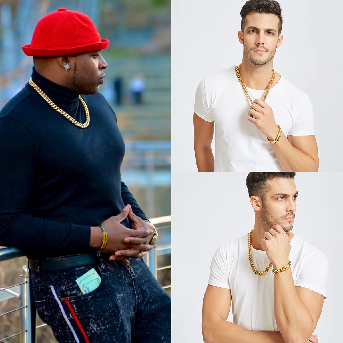 Jxlepe Mens Miami Cuban Link Chain 18K Gold 15mm Stainless Steel Curb Necklace with cz Diamond Chain Choker (20, Necklace)