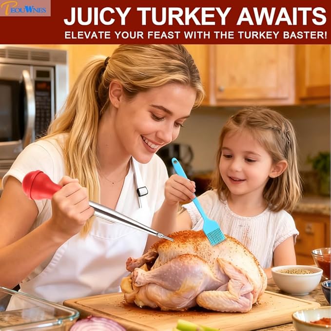 Stainless Steel Turkey Baster with Cleaning Brush & Needle, Red Meat Injector Set for Home Baking Kitchen Tool Cooking, Flavor Meat Poultry, Beef, Chicken